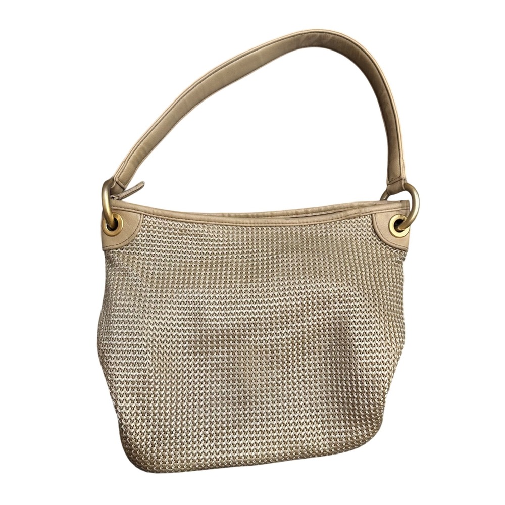 Mondani New York Woven Metallic Gold Shoulder Bag Tan Faux Leather Trim Hobo